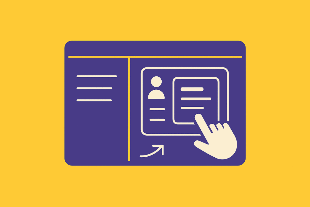 Illustration d’une interface de logiciel violet sur fond jaune, avec une main cliquant sur une fiche candidat, représentant un outil conçu pour être utilisé au quotidien et non pour la démonstration.