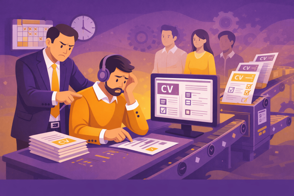Illustration d’un recruteur submergé par des CV et un ATS orienté volume, symbolisant un recrutement mécanisé et dépassé