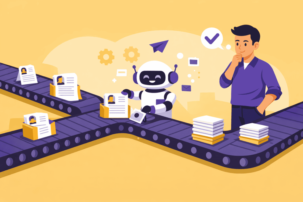 Robot triant des candidatures sur des tapis roulants sous la supervision d’un recruteur