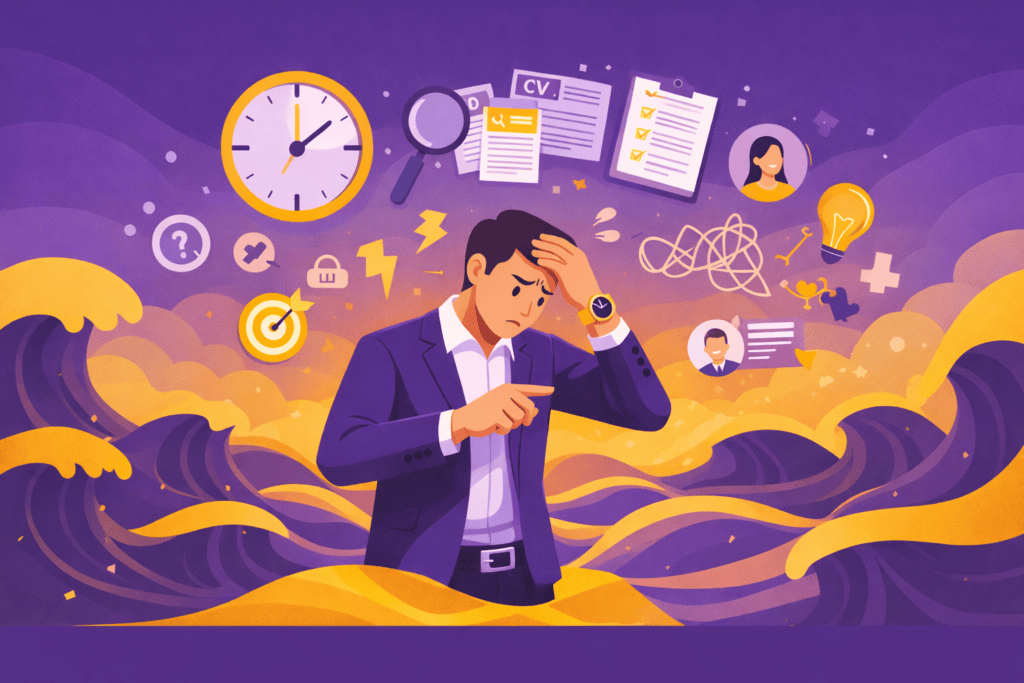 Illustration d’un recruteur sous pression face à de multiples décisions, symbolisant la complexité et les contraintes du métier de recruteur aujourd’hui