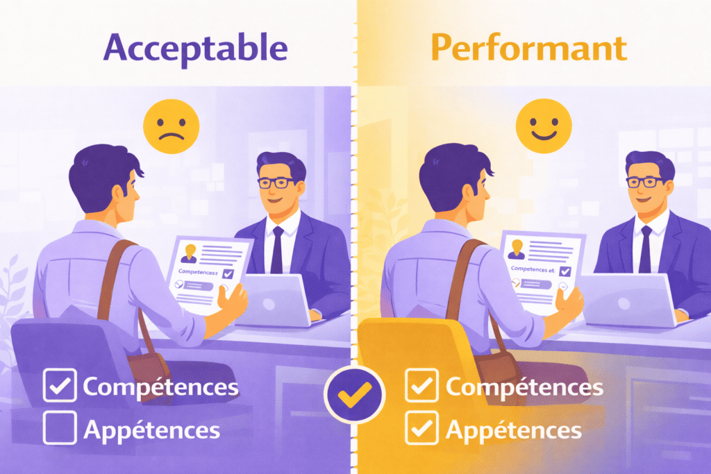 Comparaison candidat compétences vs compétences et appétences recrutement performant ATS illustration