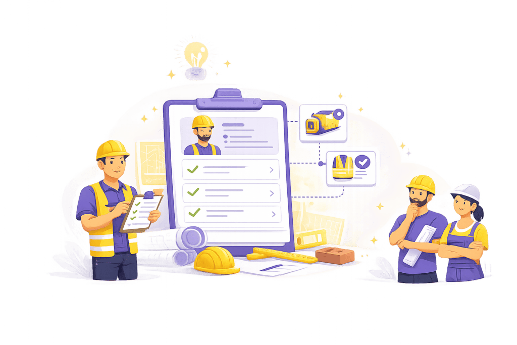 Illustration du recrutement dans le bâtiment avec sélection de profil, critères de poste et besoin clarifié.