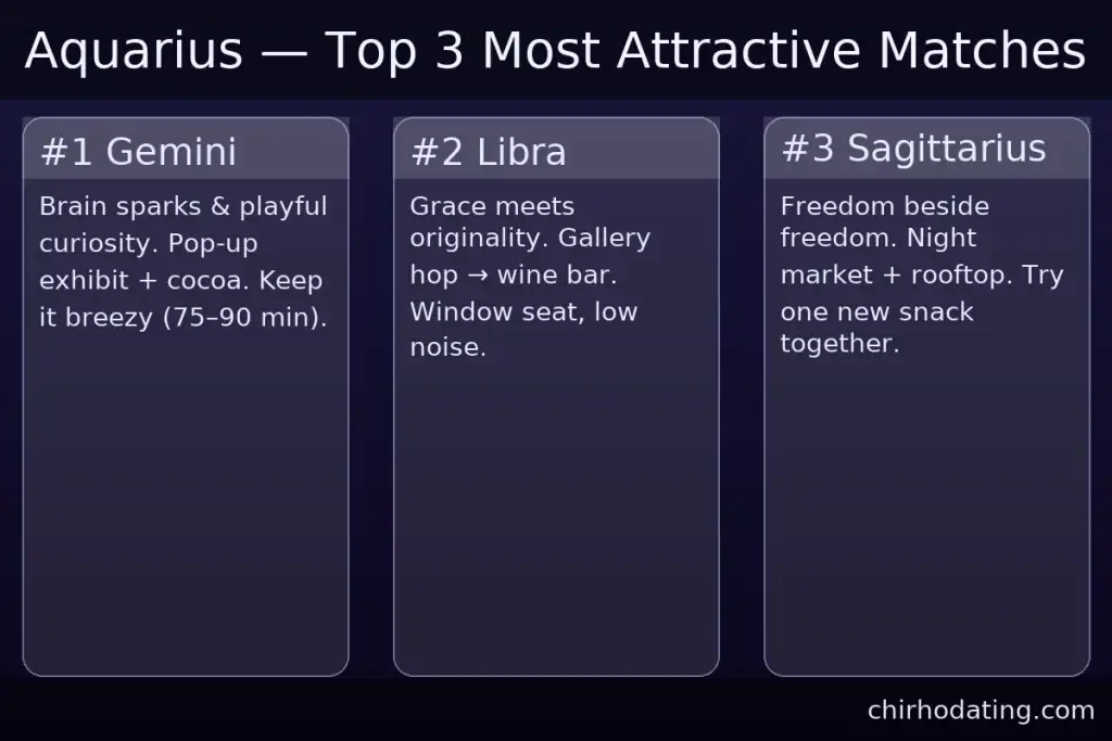Aquarius best matches—Gemini, Libra, Sagittarius—with reasons.