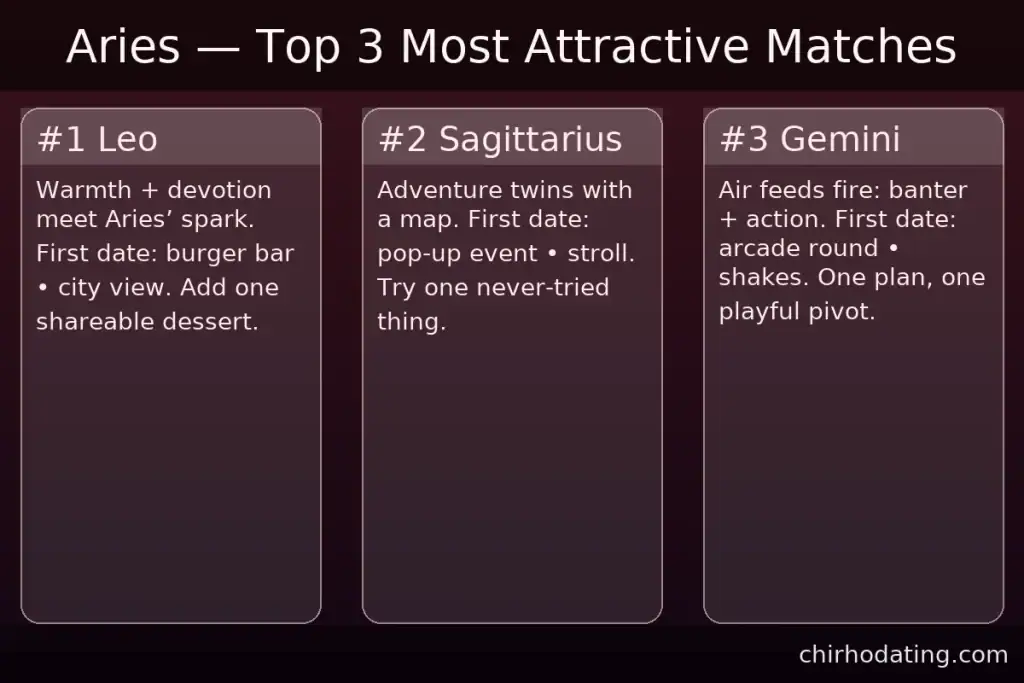 Aries best matches—Leo, Sagittarius, Gemini—with reasons.