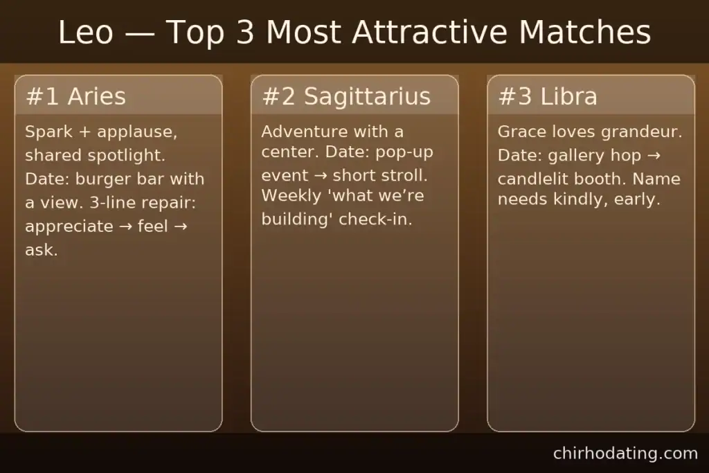 Leo best matches—Aries, Sagittarius, Libra—with reasons.