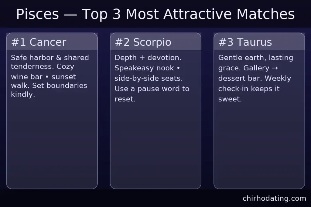 Pisces best matches—Cancer, Scorpio, Taurus—with reasons.