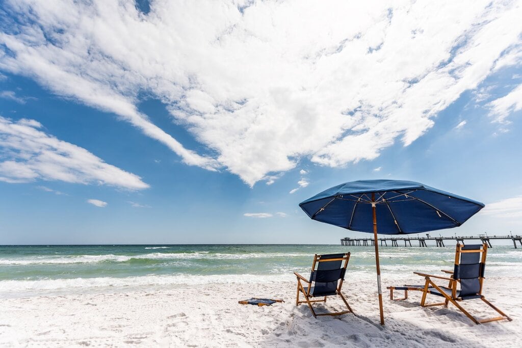 umbrella and chairs on the beach in spring