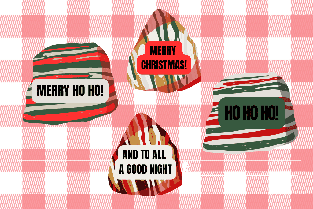 Painted rocks with christmas sayings on a red checkered background
