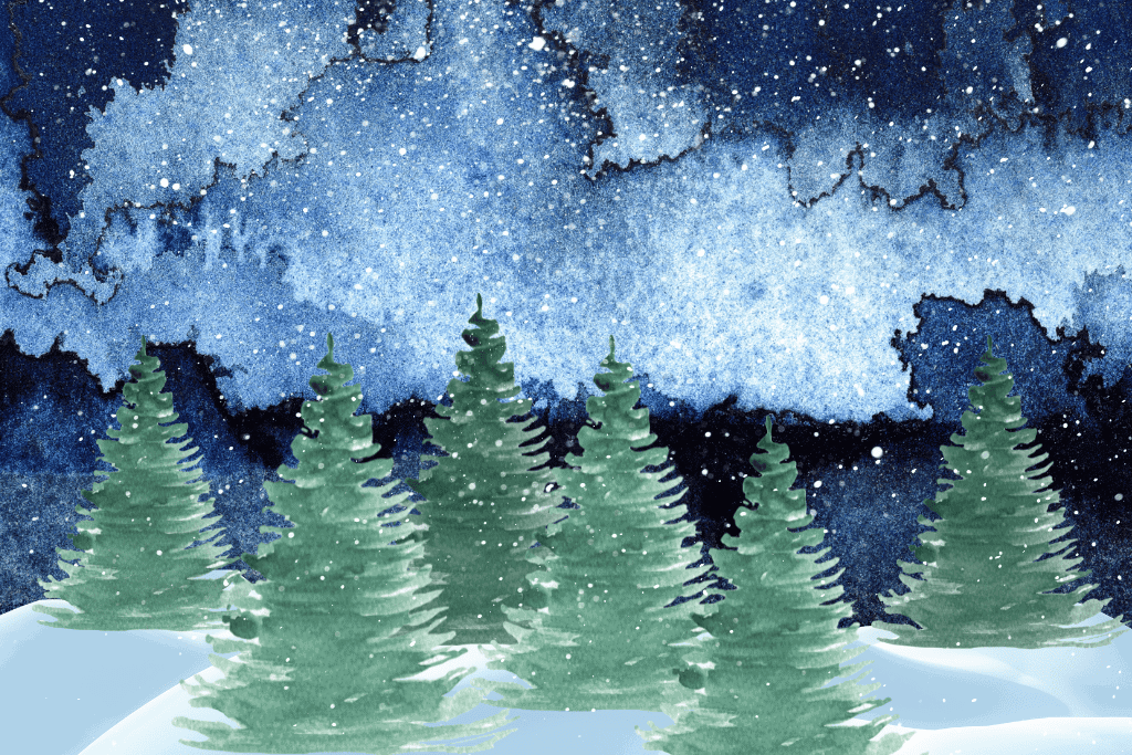 Acrylic Christmas Painting ideas, fir trees on a dark blue snowy background