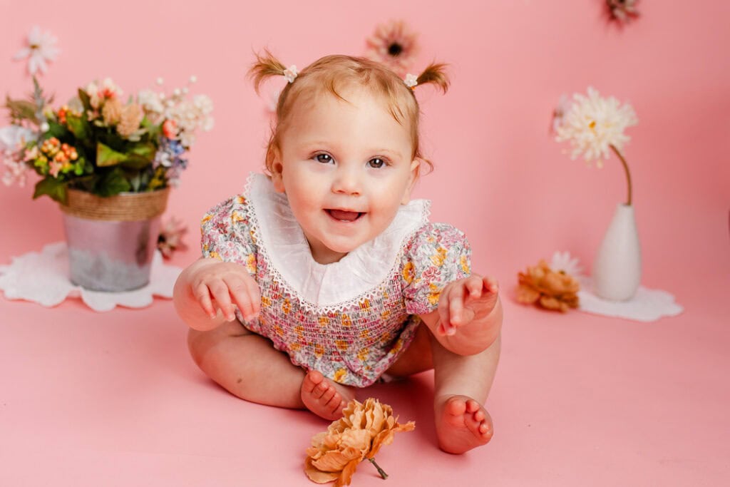 Pink Flowers baby cake smash photoshoot Connecticut