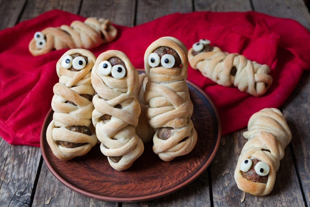 Scary halloween food meatball sausage mummies
