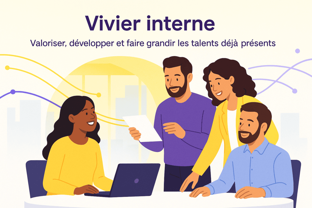 Illustration représentant une équipe collaborant dans un environnement lumineux, symbolisant le vivier interne de talents. Des flux colorés relient les collaborateurs, évoquant la mobilité interne, la montée en compétences et la fidélisation, au cœur du logiciel de recrutement Leihia Talent Acquisition Suite.