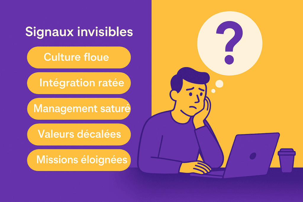Illustration montrant les signaux invisibles du turnover — culture floue, intégration ratée, management saturé, valeurs décalées, missions éloignées — face à un collaborateur en doute.