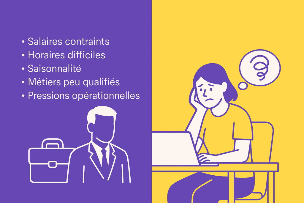 Illustration comparant les causes visibles du turnover à gauche et le vécu d’un talent sur le départ à droite, dans les couleurs violet et jaune Leihia.