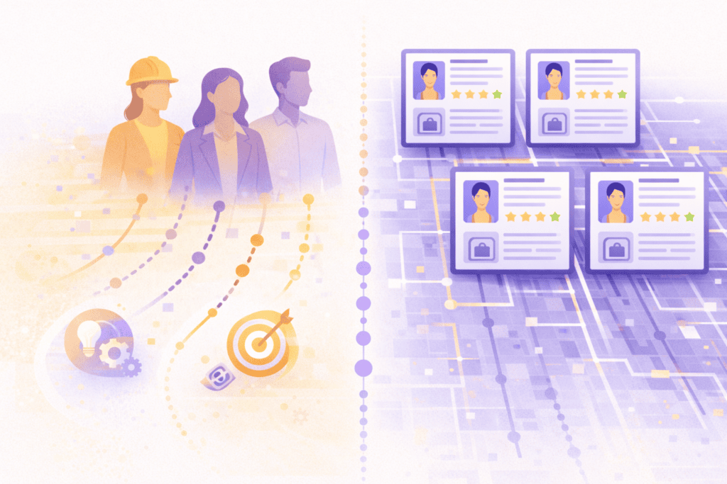 Illustration montrant la différence entre profils individuels et normalisation des recrutements par le matching automatisé
