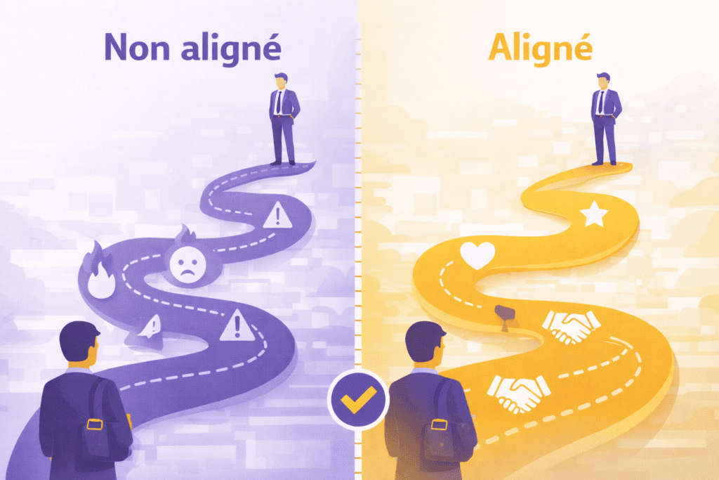 Comparaison parcours candidat aligné vs non aligné recrutement ATS illustration trajectoire professionnelle