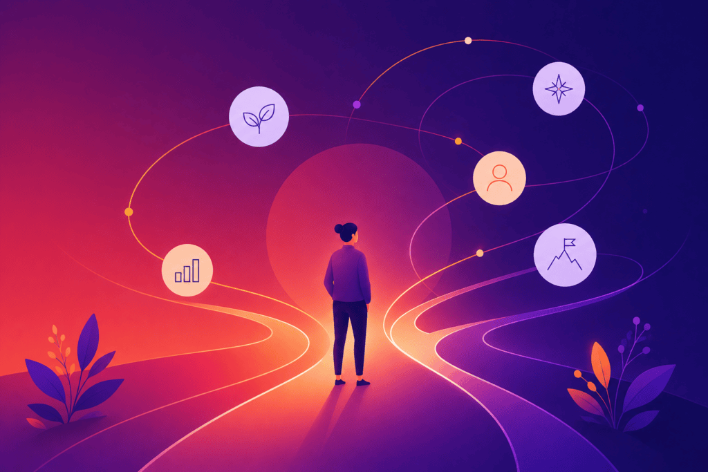 Illustration abstraite représentant une personne face à plusieurs trajectoires professionnelles possibles, dans un univers visuel moderne aux couleurs de Leihia.