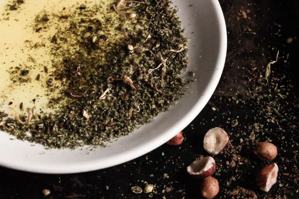 stinging nettle and hazelnut dukkah spice blend with olive oil for dipping