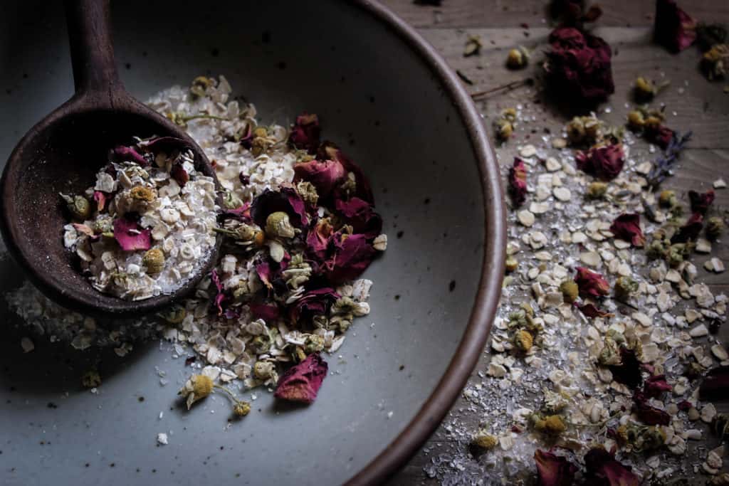 Herbal Bath Tea with chamomile, rose, epsom salts, oats, and lavender essential oil for relaxing, soothing, ritual bath time