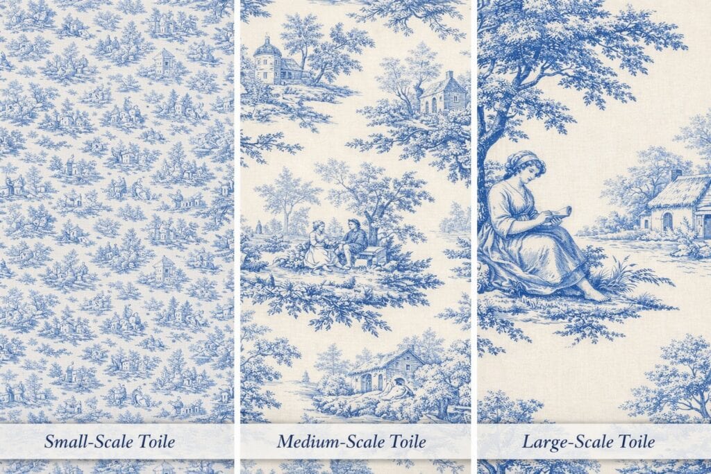 Graphic showing blue French toile with small, medium, and large scale toiles