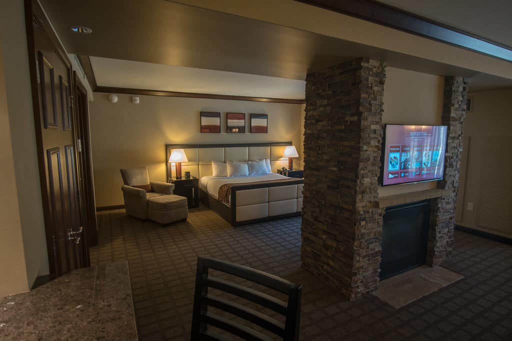 Our amazing room in the Ameristar Black Hawk Resort, with a huge king bed and a double sided fireplace.