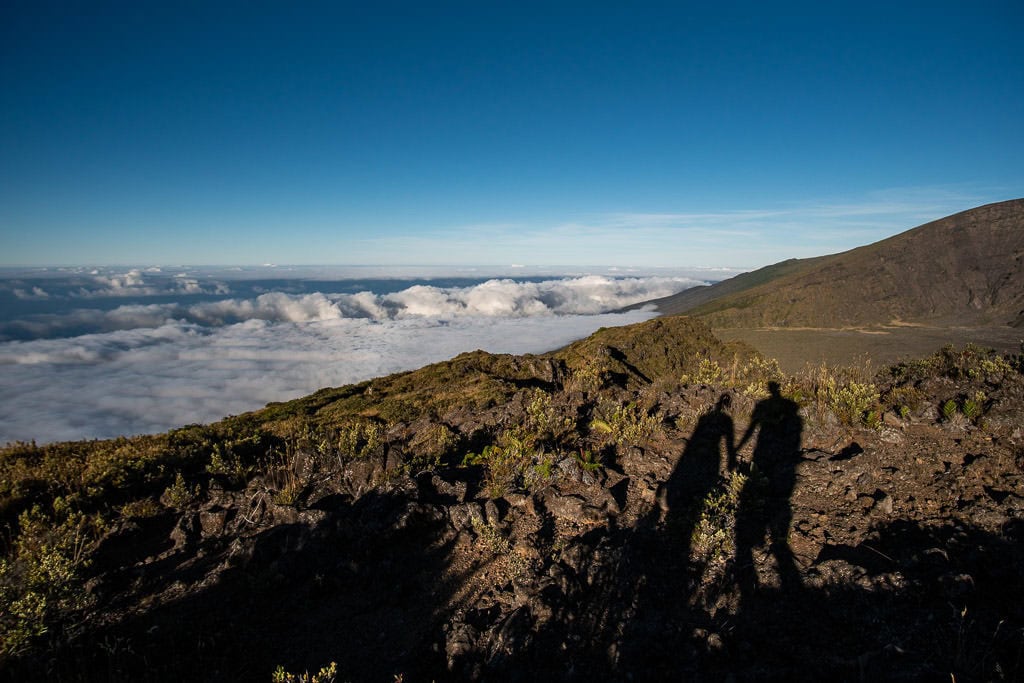 Brooke and Buddy's shadows holding hands while hiking on the Halemau‘u Trail above the clouds