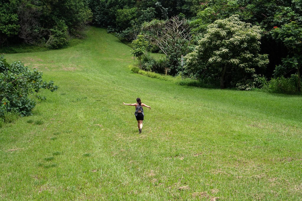 running through the open field at Ho’omaluhia Botanical Garden