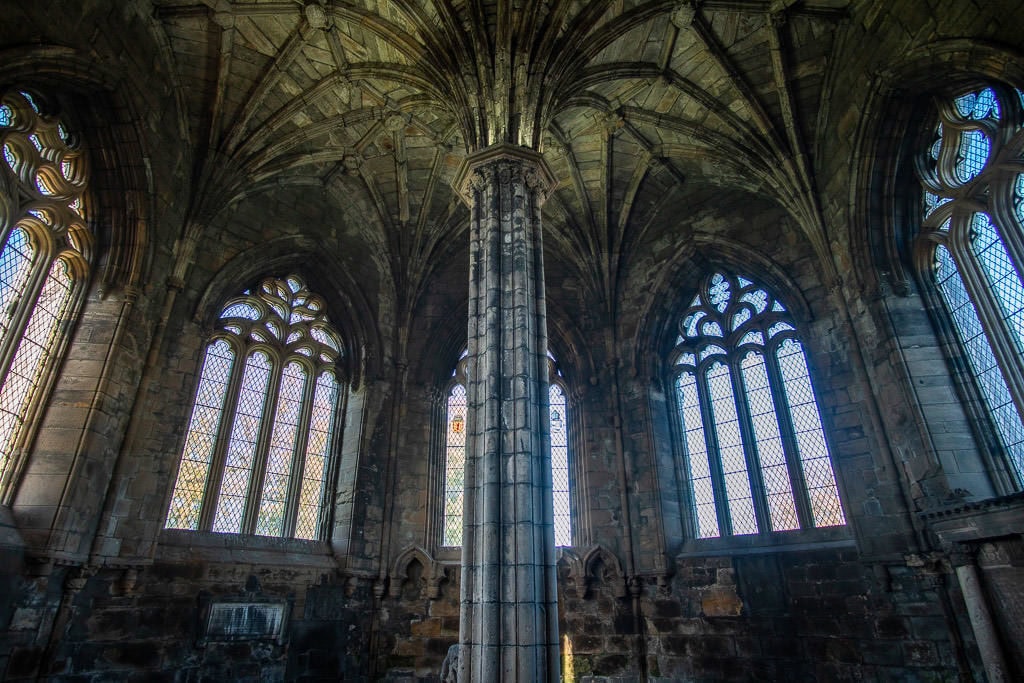 inside church with glass windows in Elgin Cathedral near inverness scotland