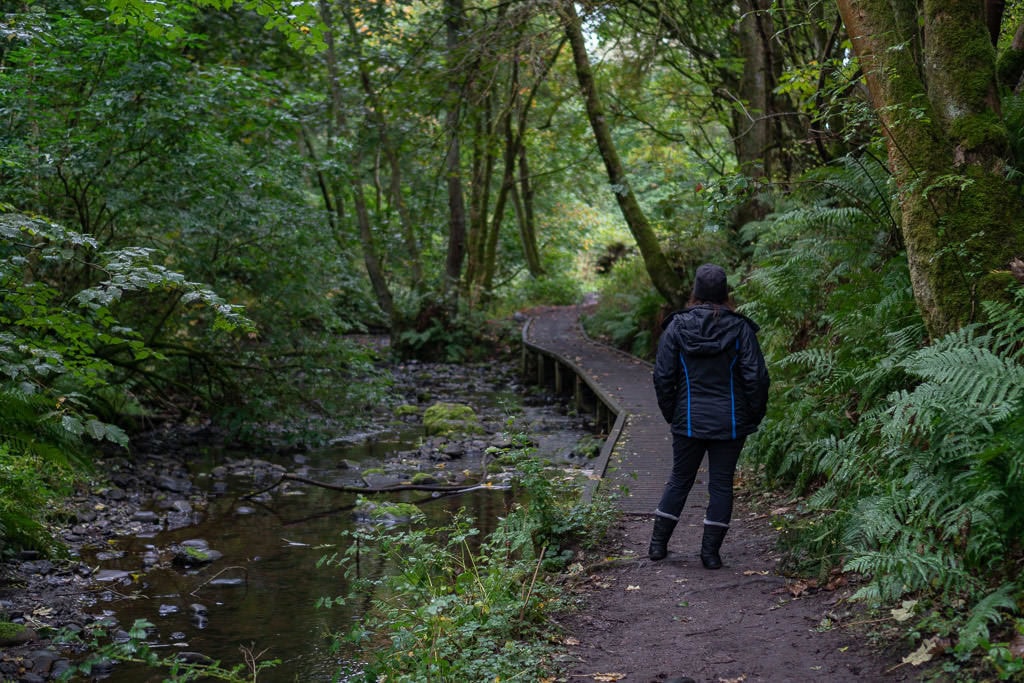 Brooke standing on the trail in the lush woodlands on the trail leading to Fairy Glen Falls