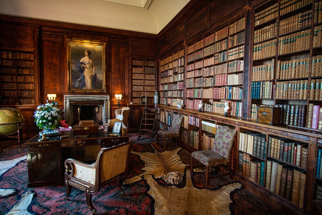 Library and study with thousands of books at Dunrobin Castle near Inverness