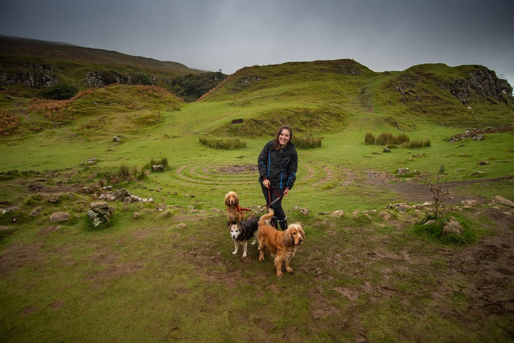 Brooke with 3 dogs at Fairy Glen in the Isle of Skye