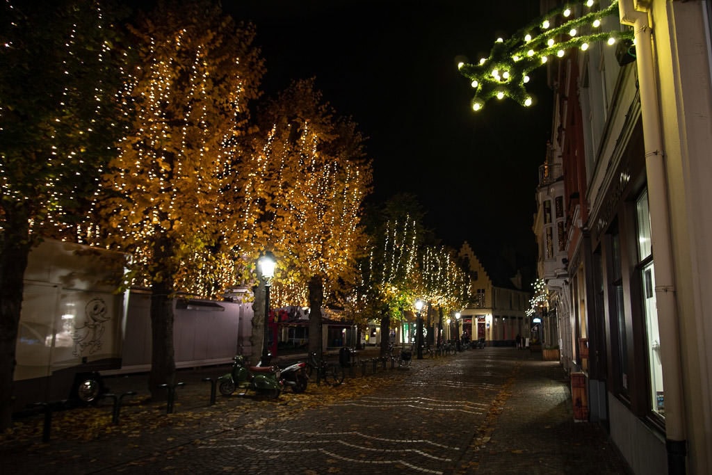 autumn trees with christmas lights and sidewalk in bruges belgium