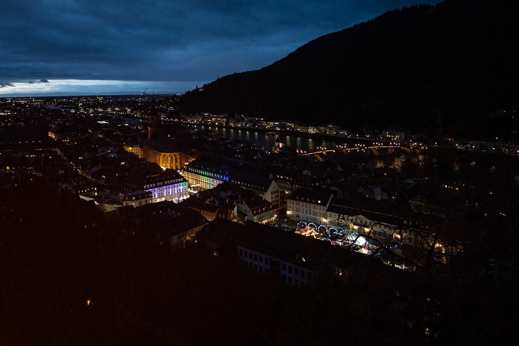 night views of heidelberg christmas market in germany from heidelberg castle