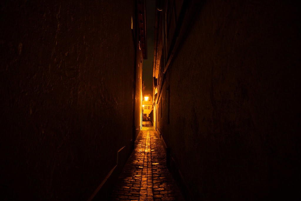 night sidewalk in rothenburg germany