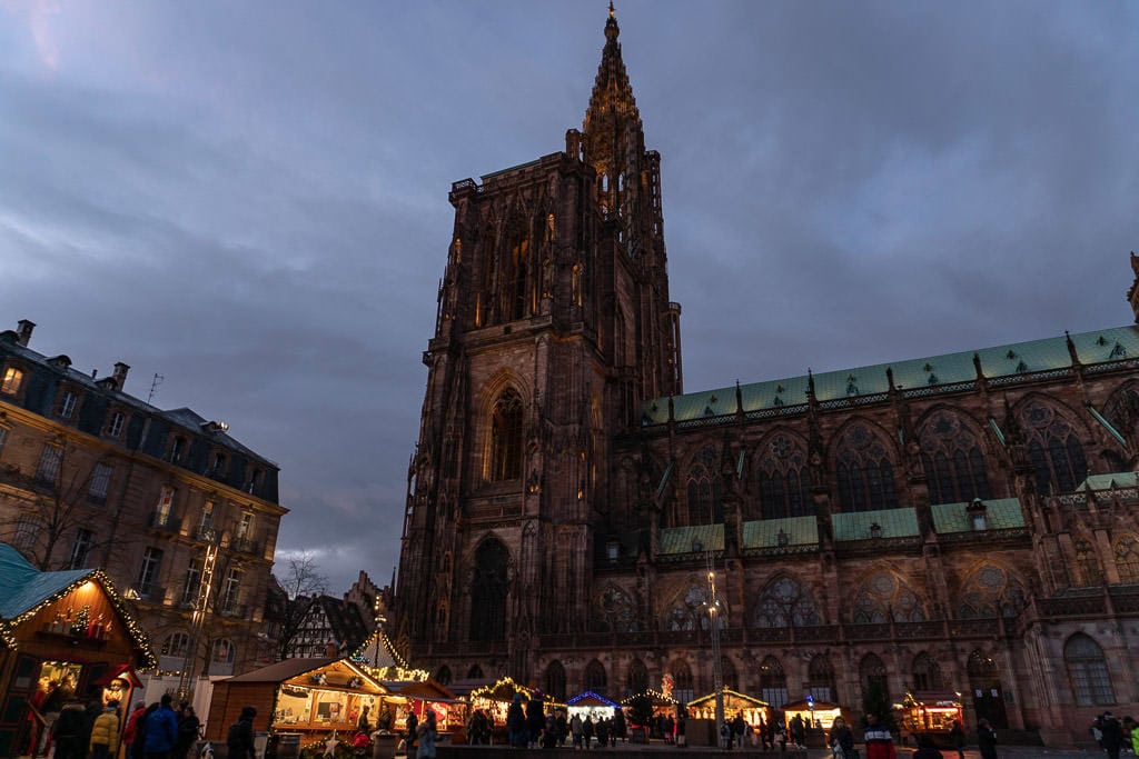 cathedral in strasbourg and christmas market in france