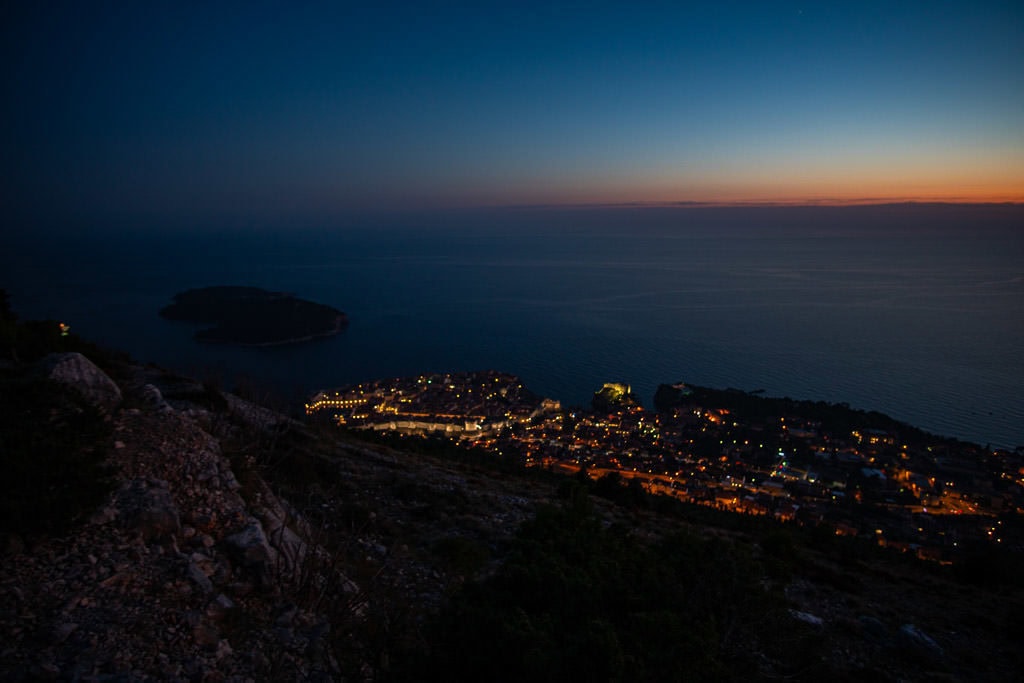 Old Town Dubrovnik city lights on the way down the Mount Srd Trail after sunset