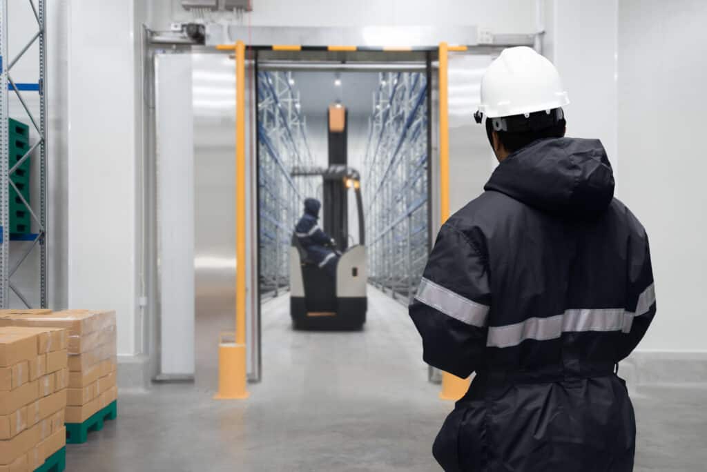 Warehouse worker in a refrigerated distribution center.