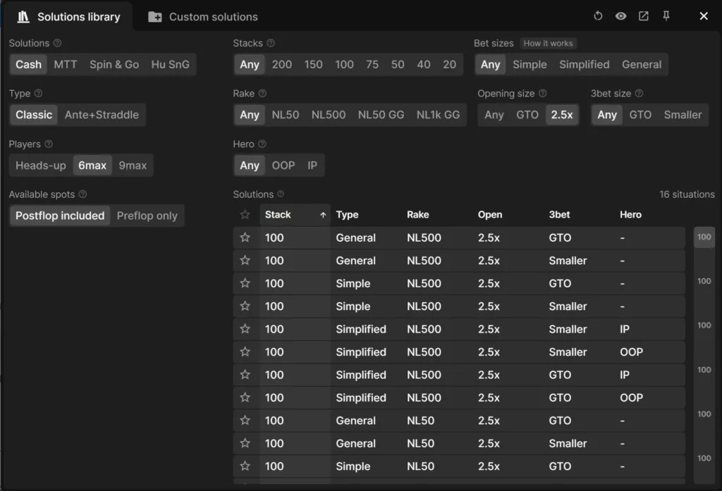 GTO Wizard game format settings