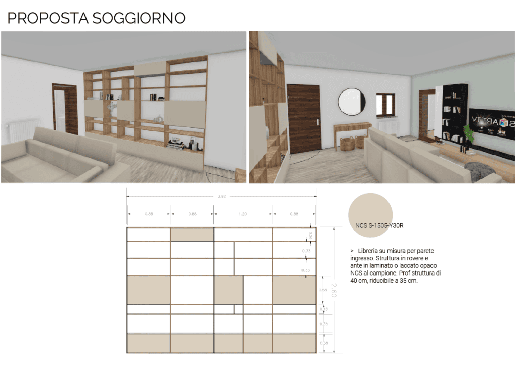 Libreria per un ingresso comunicante con il soggiorno in stile rustico