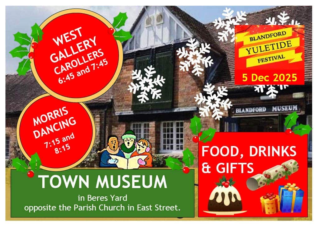 A photo of Blandford Town Museum, with cartoon carol singers