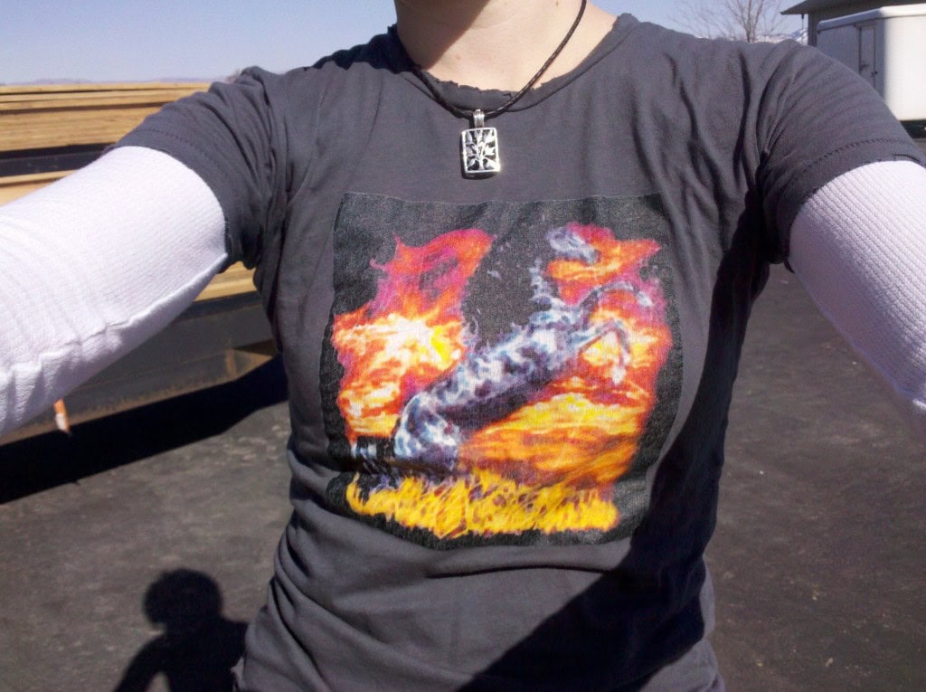 This is my new work shirt, it's getting warmer and I took my jacket off because I got too warm. Turns out I rubbed against the freshly primed steel and ruined my Charlie shirt, sad panda but it will make an awesome work shirt now :)