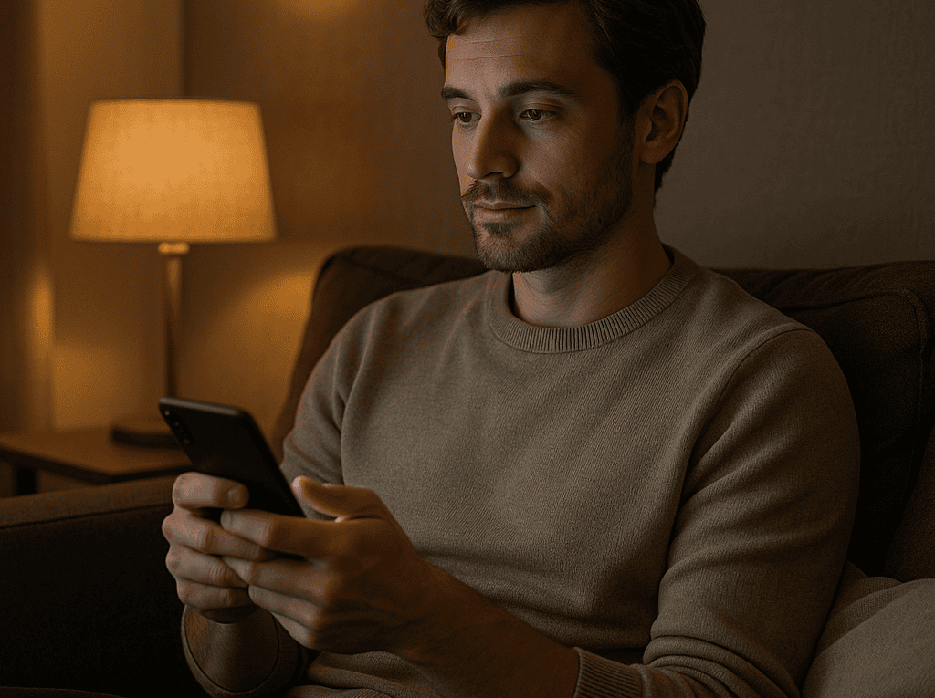 Man sits on a sofa in a dim living room, focused on a smartphone in his hands beside a warm-lit lamp.