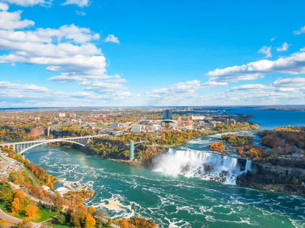 aerial view of niagara falls and surrounding city in upstate ne york