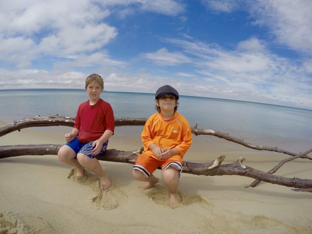 The Secret of Miner's Beach at Pictured Rocks National Lakeshore boys sitting on tree branch in front of Lake Superior Michigan