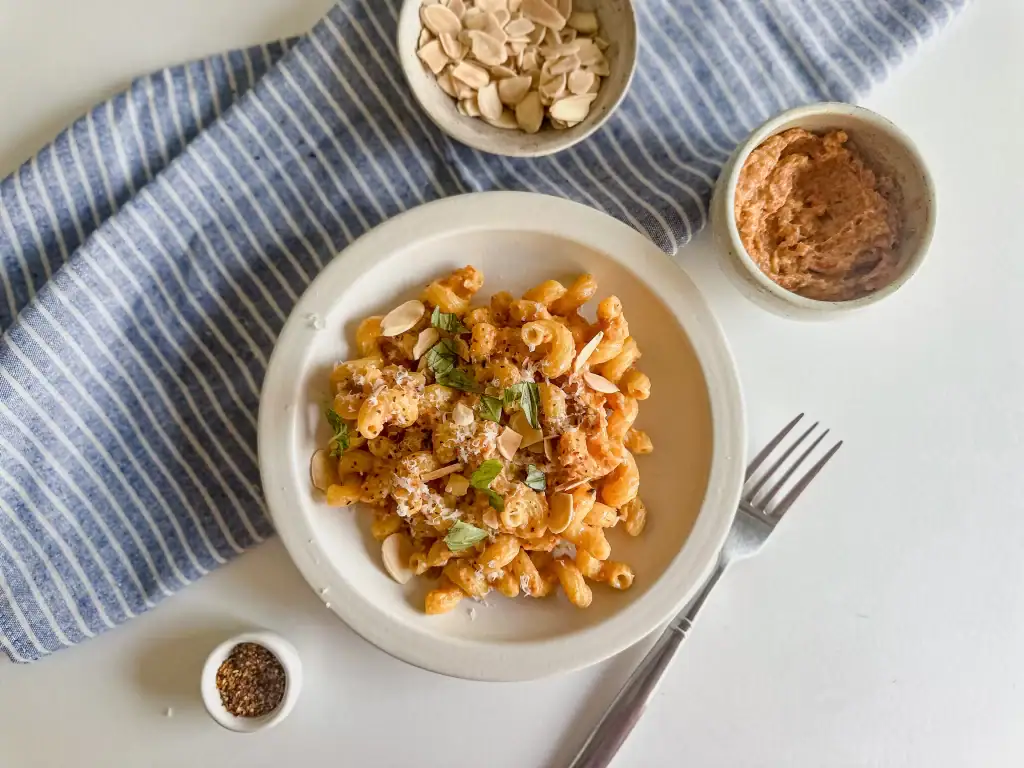 Red pepper pestp pasta: a great use of this fiery bold saucee!