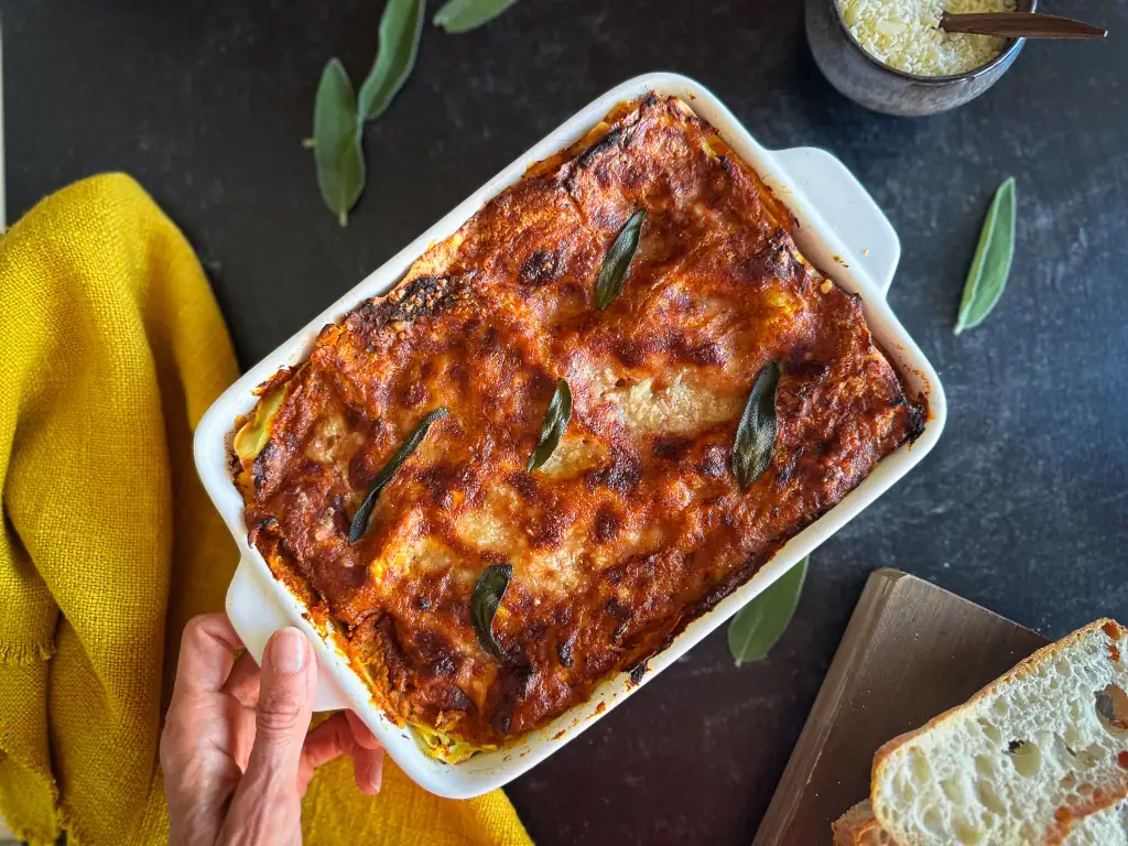 Golden butternut squash lasagna with ragu' bianco