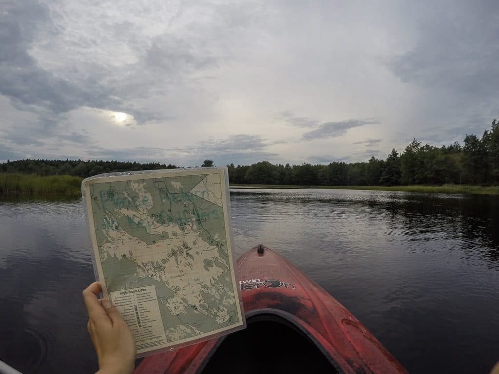 waterproof map of the waters of kejimkujik national park given to us for our kayak rental