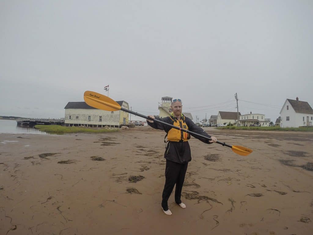 Buddy getting prepared for our kayak adventure with Outside Expeditions in PEI