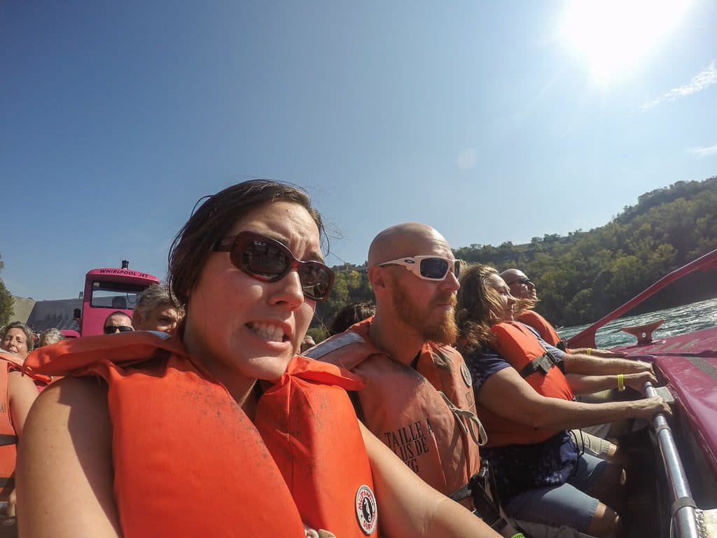 Brooke looking fearful after being explained what will happen during our whirlpool jet boat tour