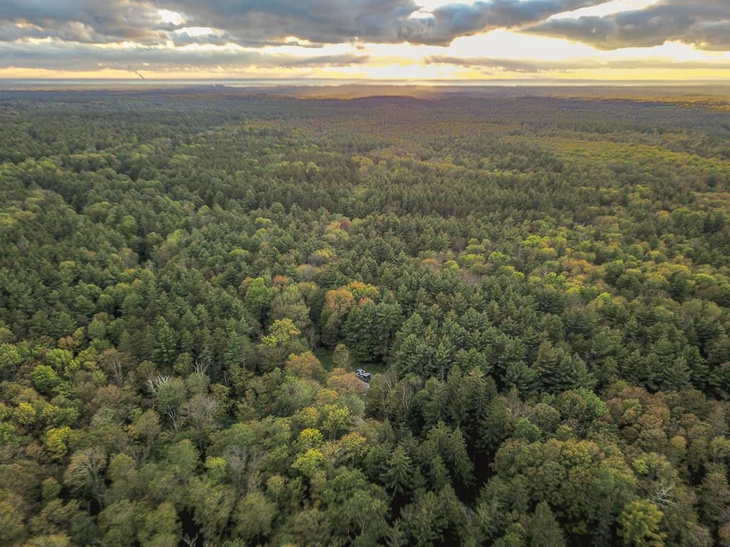 Drone shot of our RV sitting in the middle of the woods surrounded by trees for miles while boondocking near the Adirondacks.